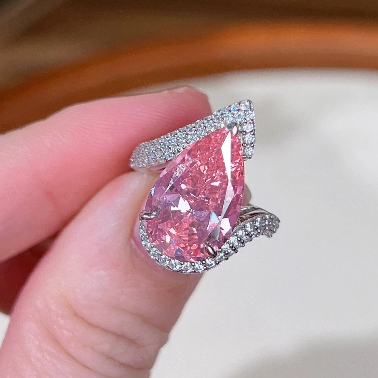 Sparkling Waterdrop Pink Diamond Silver Ring