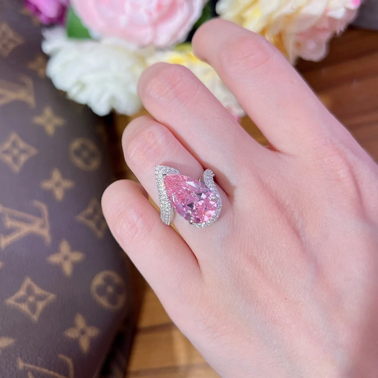 Sparkling Waterdrop Pink Diamond Silver Ring