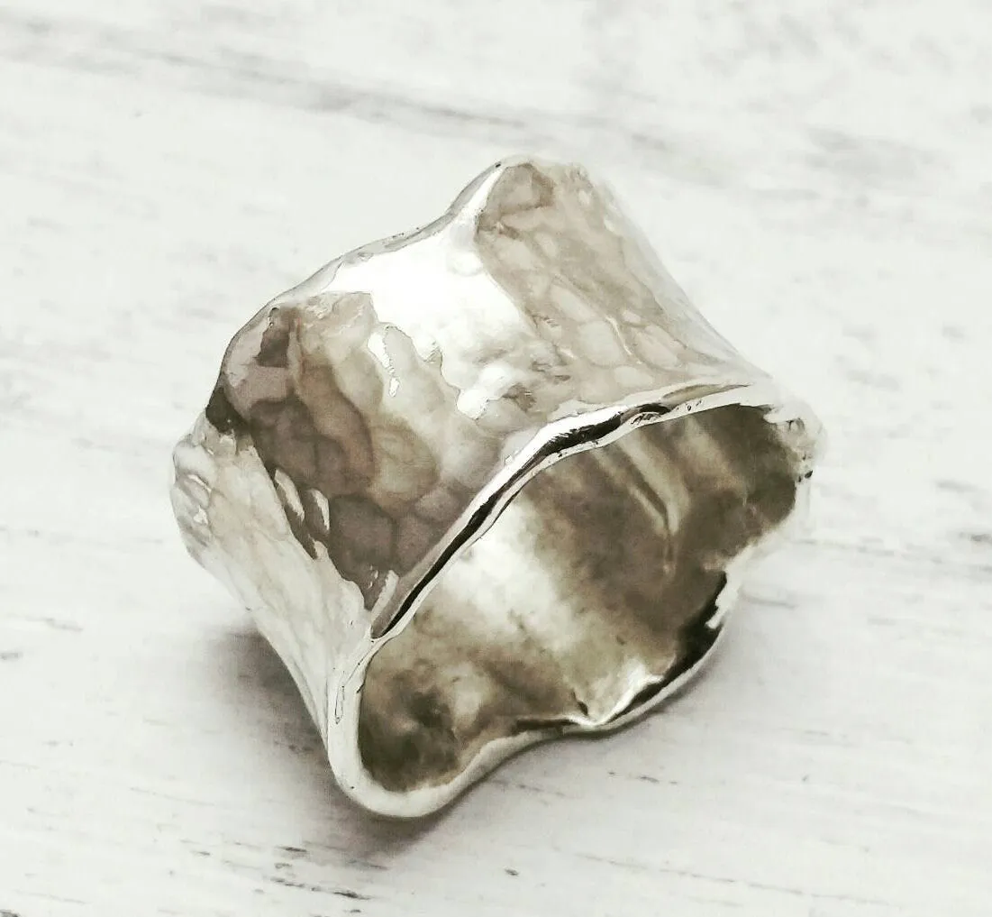 Sterling Silver Wide Ring Band Irregular Wavy Edged with a Hammered Texture , Chunky Wide Unique Ring Band, Organic Ring Band