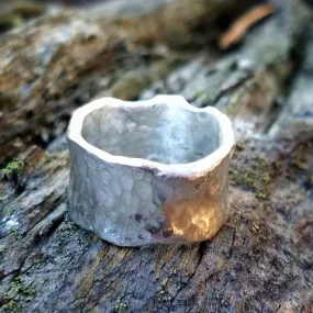 Sterling Silver Wide Ring Band Irregular Wavy Edged with a Hammered Texture , Chunky Wide Unique Ring Band, Organic Ring Band