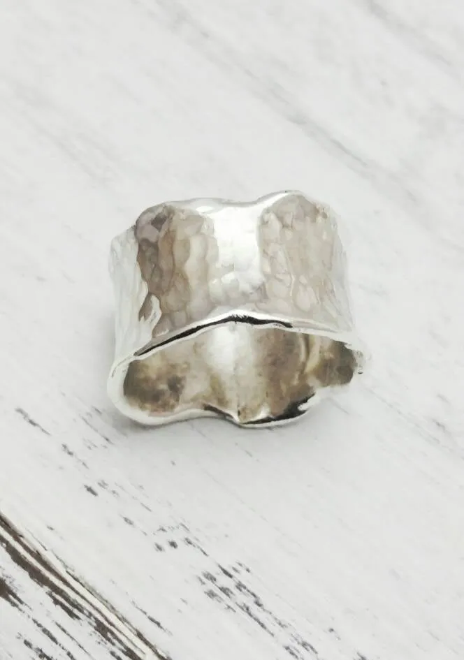 Sterling Silver Wide Ring Band Irregular Wavy Edged with a Hammered Texture , Chunky Wide Unique Ring Band, Organic Ring Band