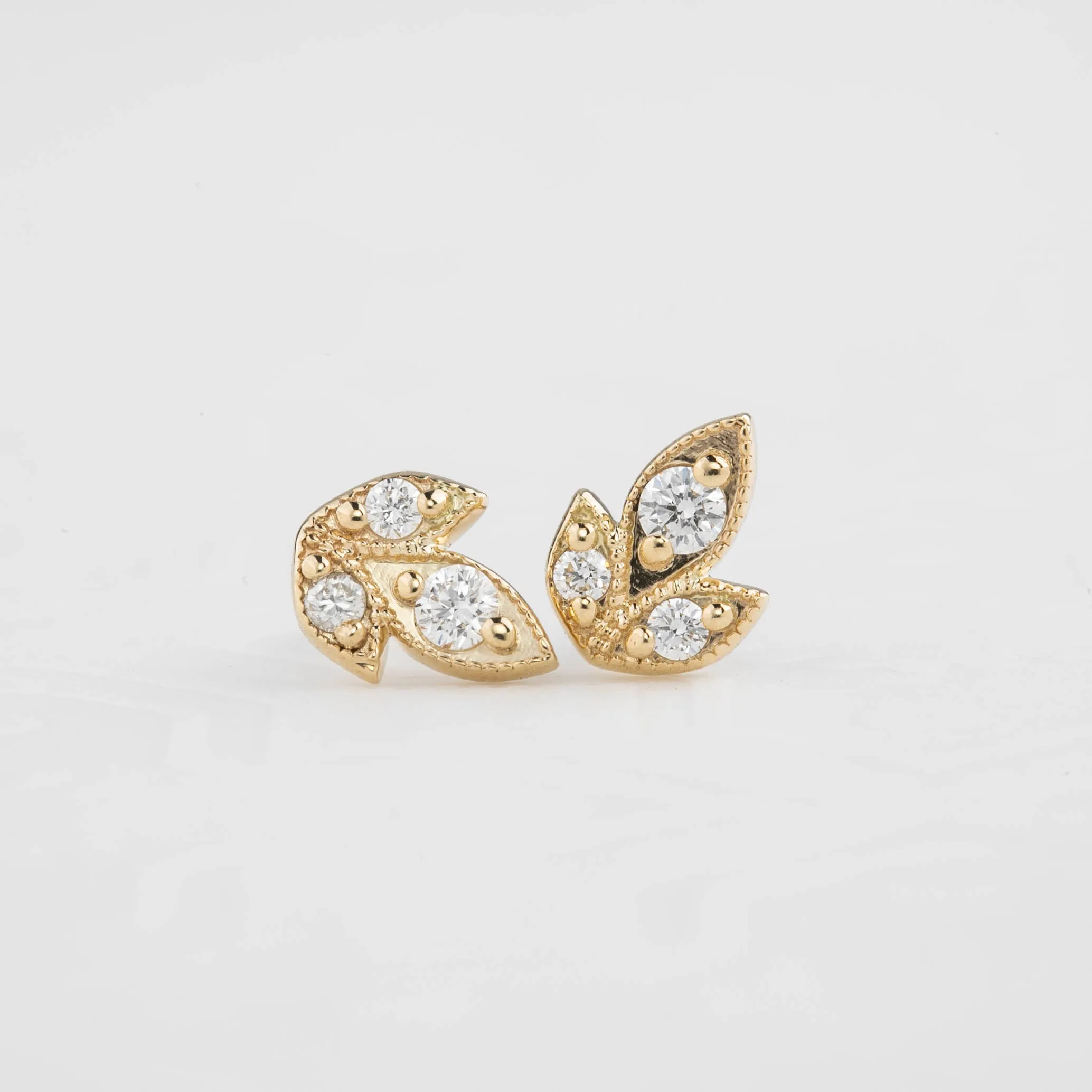 Three Leaf Diamond Stud Earrings, 14k Gold