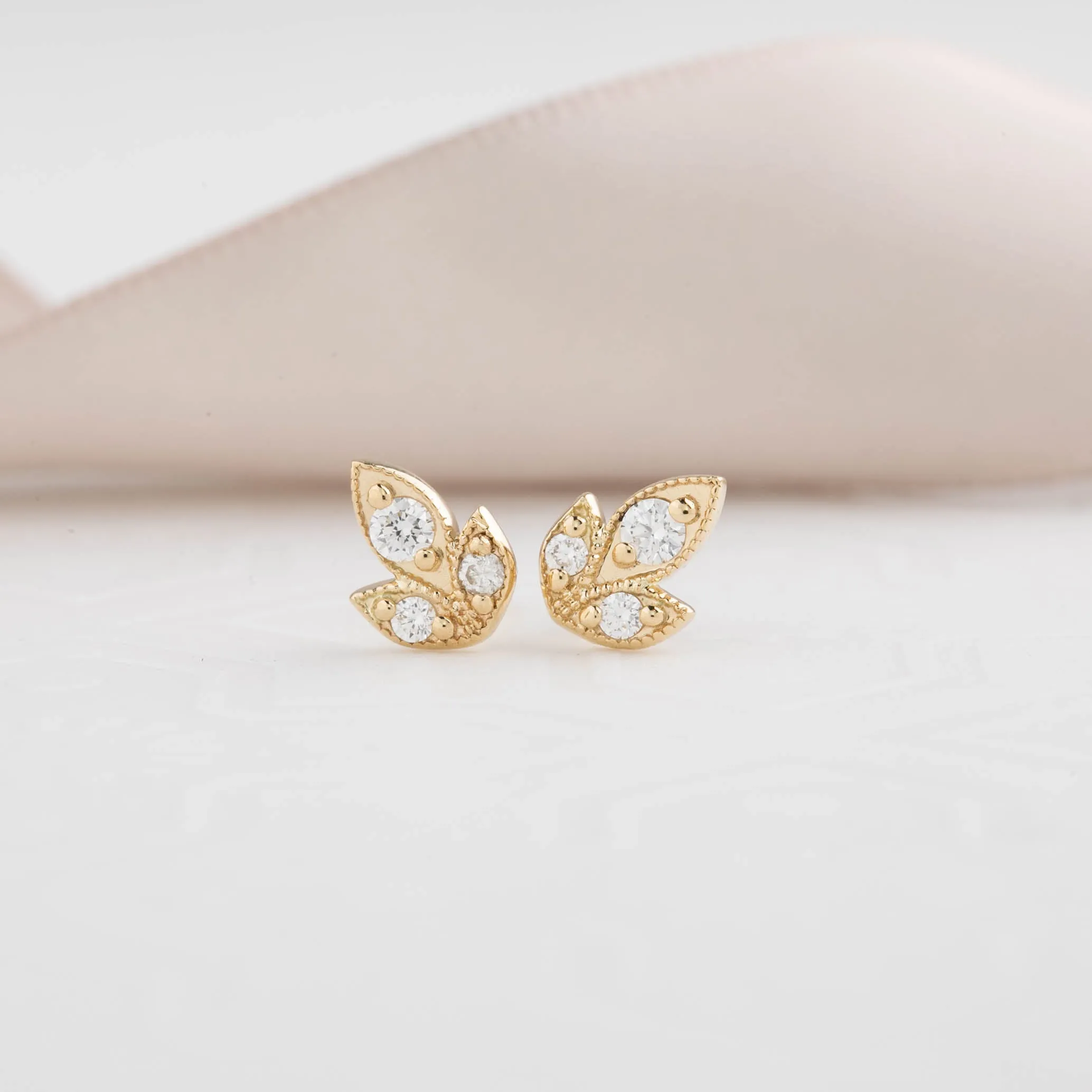 Three Leaf Diamond Stud Earrings, 14k Gold