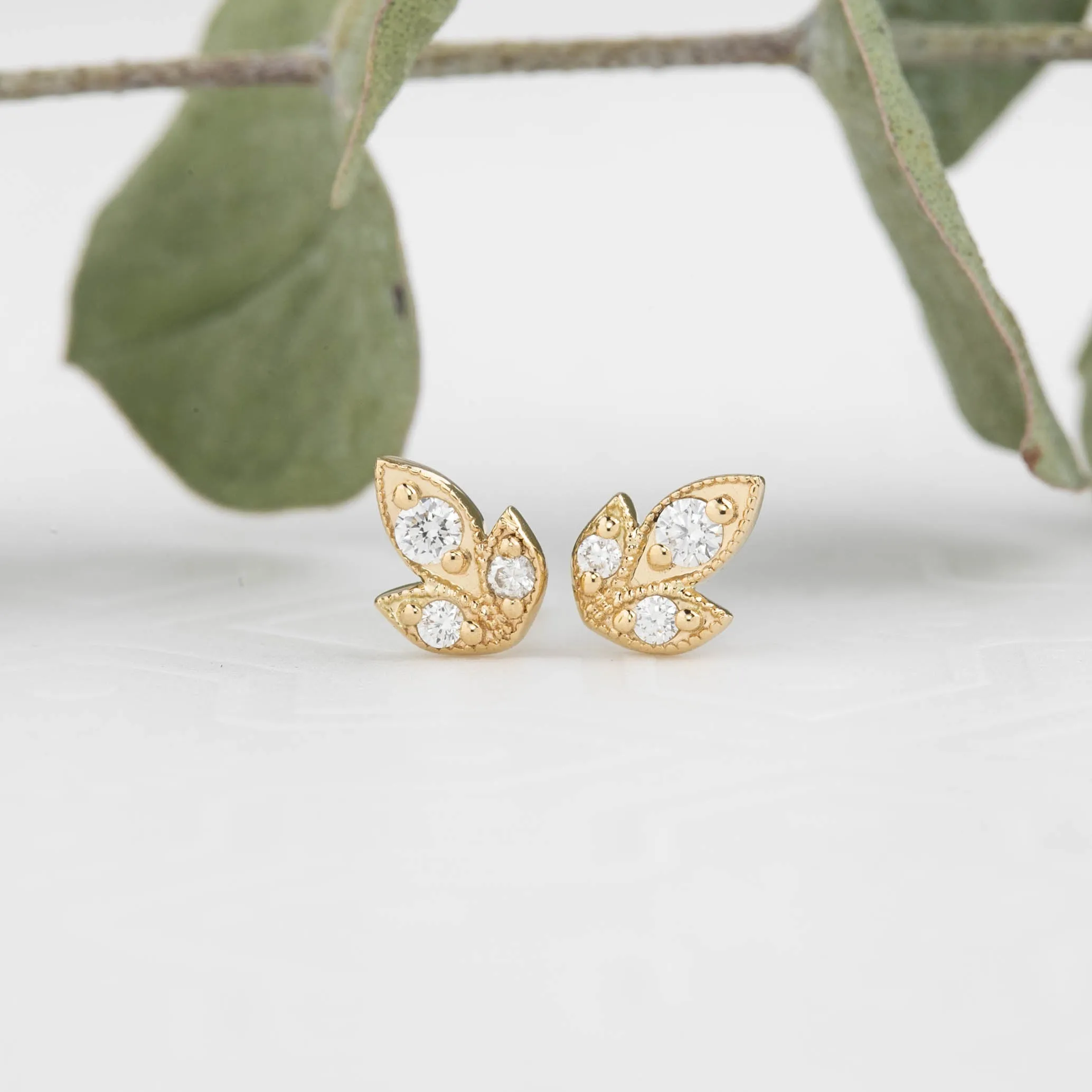 Three Leaf Diamond Stud Earrings, 14k Gold