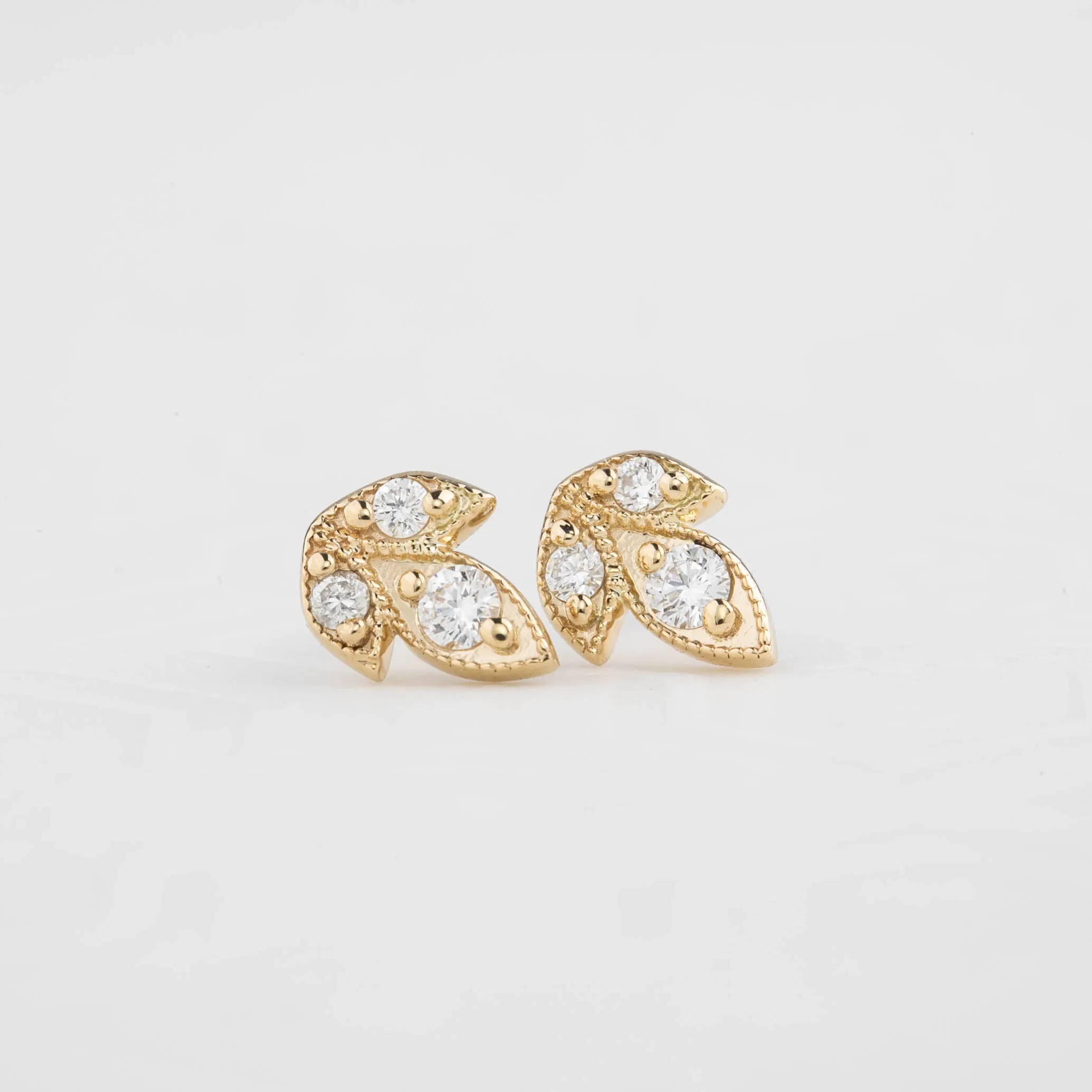 Three Leaf Diamond Stud Earrings, 14k Gold