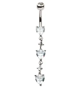 Triple Heart Clear CZ Dangle Stainless Steel Belly Button Ring