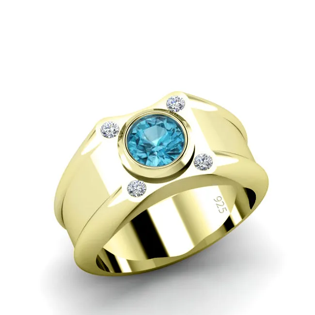 Wide Band Retro Ring with 4 Diamonds and Topaz 18k Gold-Plated Sterling Silver Men's Jewelry