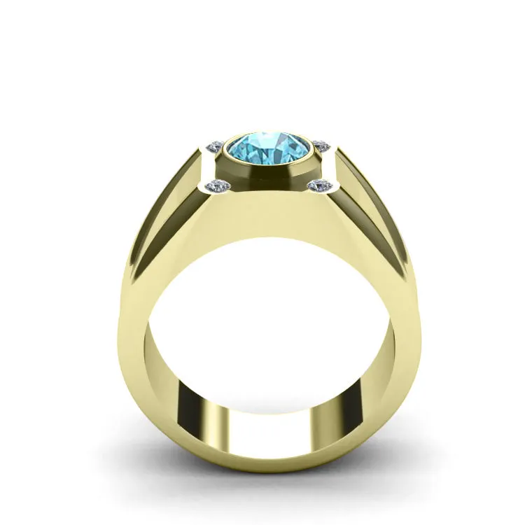 Wide Band Retro Ring with 4 Diamonds and Topaz 18k Gold-Plated Sterling Silver Men's Jewelry