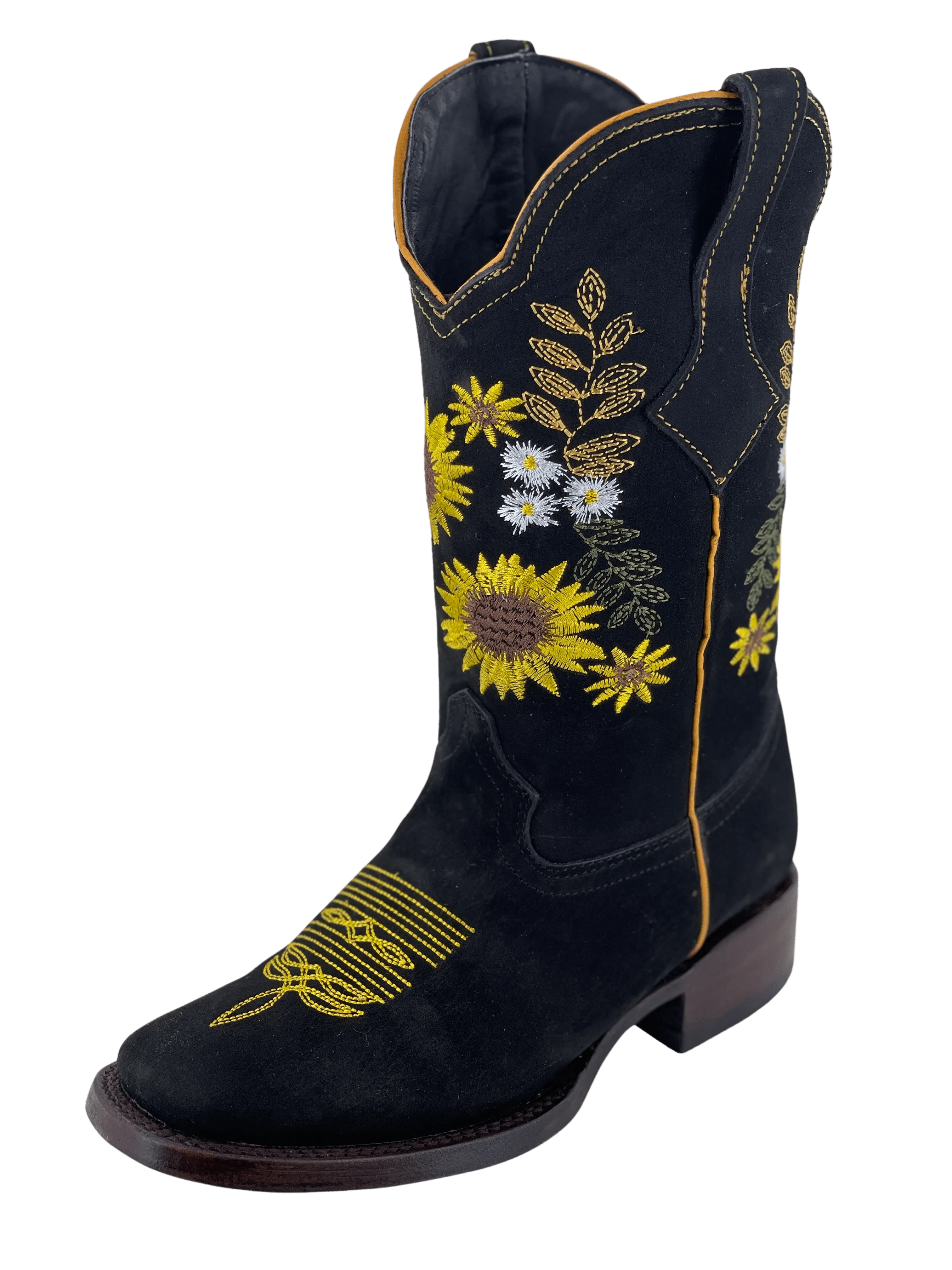 Women’s Multiple Sunflowers Black Nobuck Square Toe Rodeo Boot