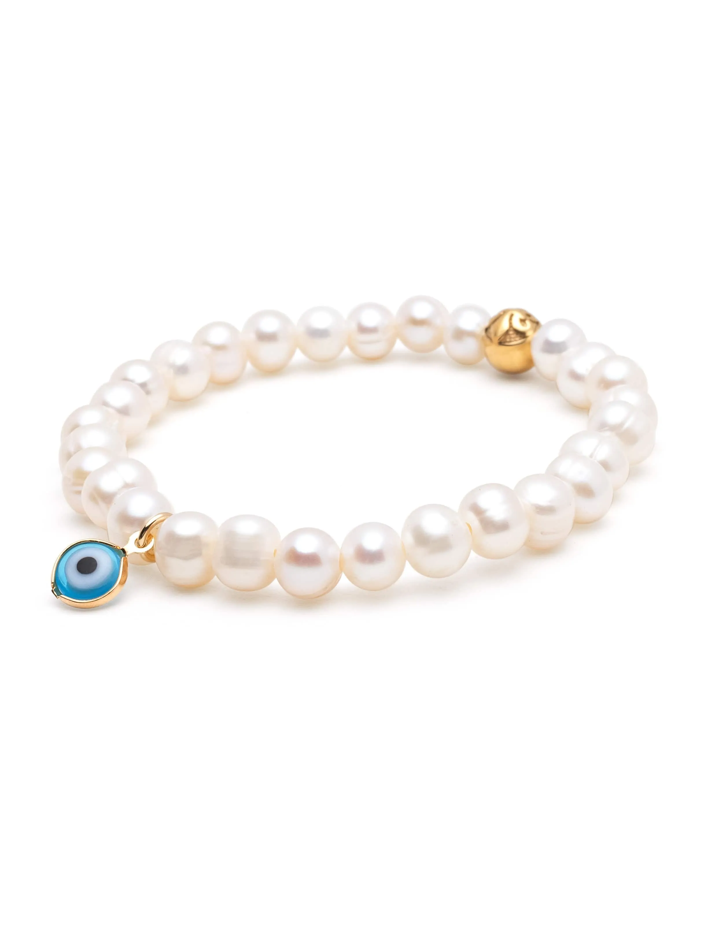 Wristband with White Pearls and Blue Evil Eye Charm